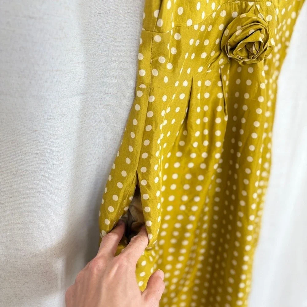 VTG J Crew Silk Polka Dot V Neck Rose Sun Dress Short Mini Sz‎ 2 Mustard Yellow